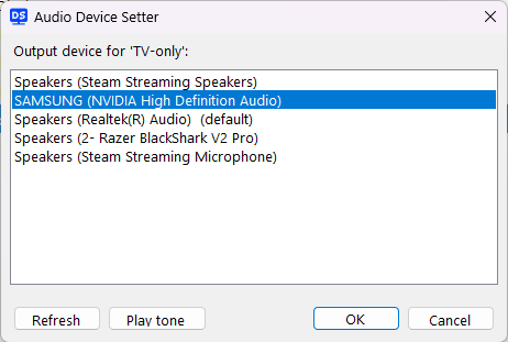 The Audio Device Setter listing output devices, with Refresh, Play tone, OK and Cancel