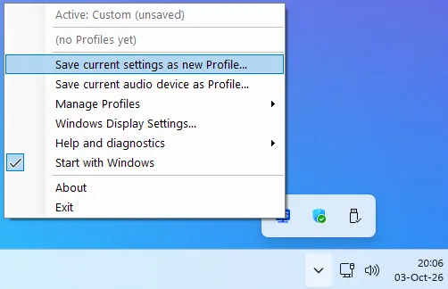 The tray menu before any Profiles exist, with "Save current settings as new Profile…" highlighted