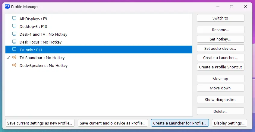 The Profile Manager window: the Profile list on the left, commands on the right, and four buttons along the bottom