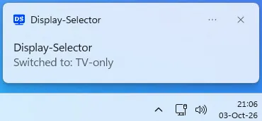 A Windows notification: "Switched to: TV-only"